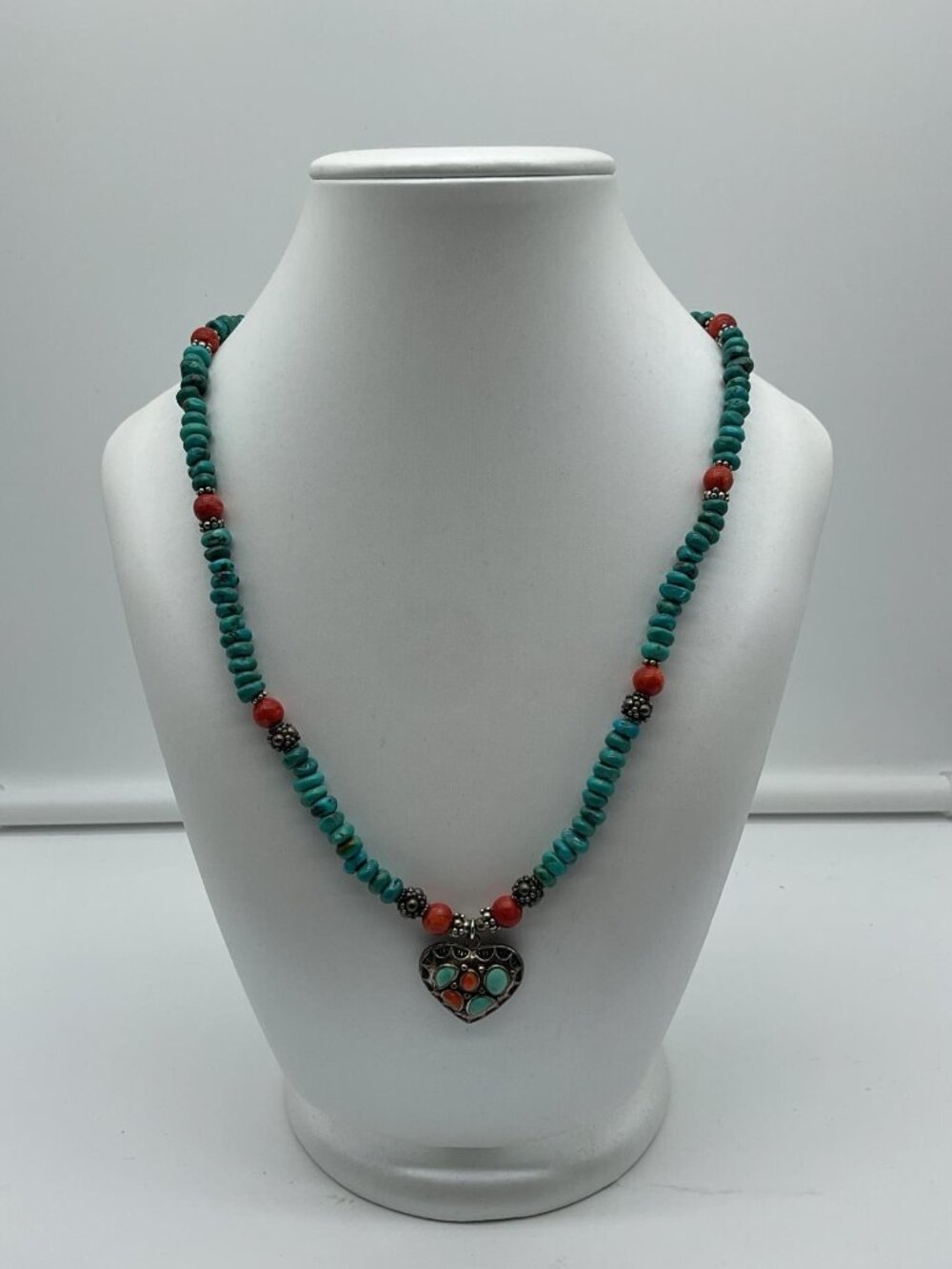 Paige Wallace Vtg Native American Coral Turquoise Sterling Silver 18" Necklace